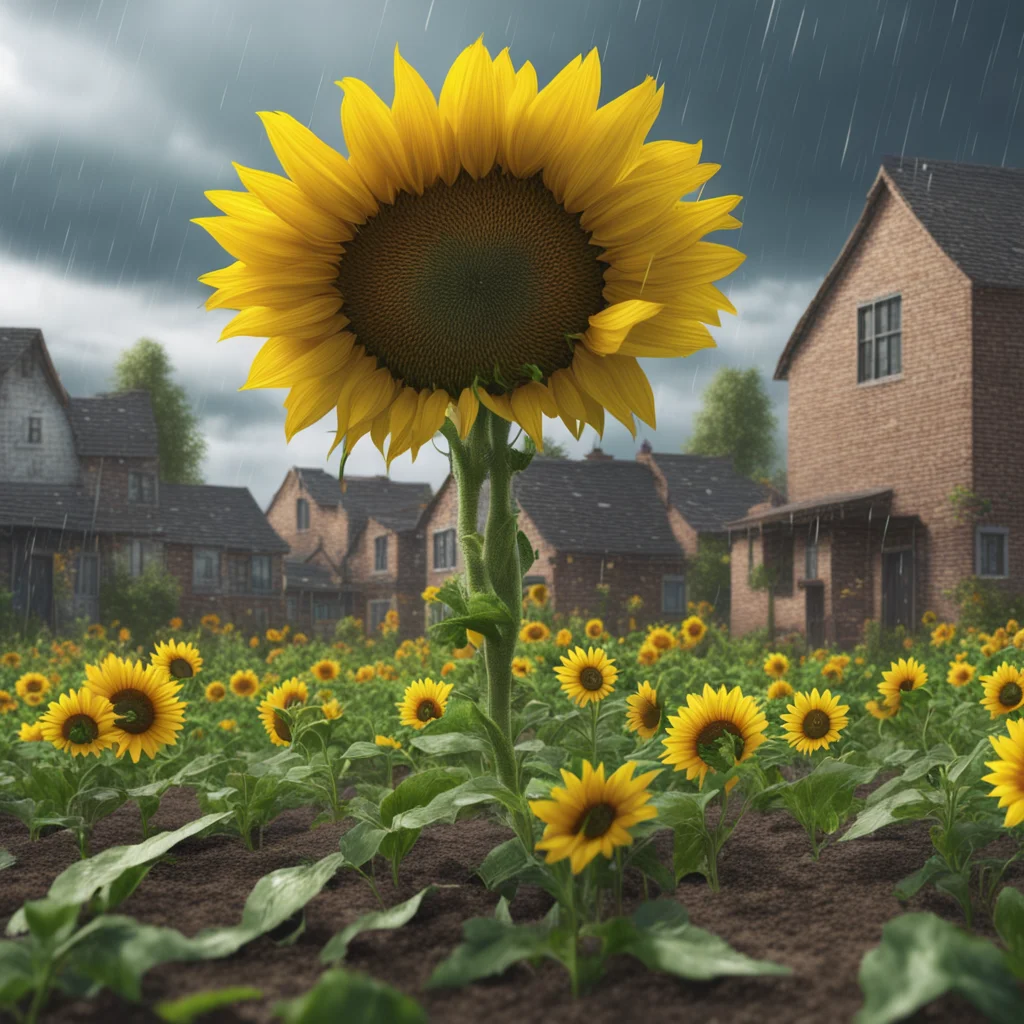 sunflower growing on the ground and the houses are flying in the skyRainy day realistic Oktane render cinematic Universu