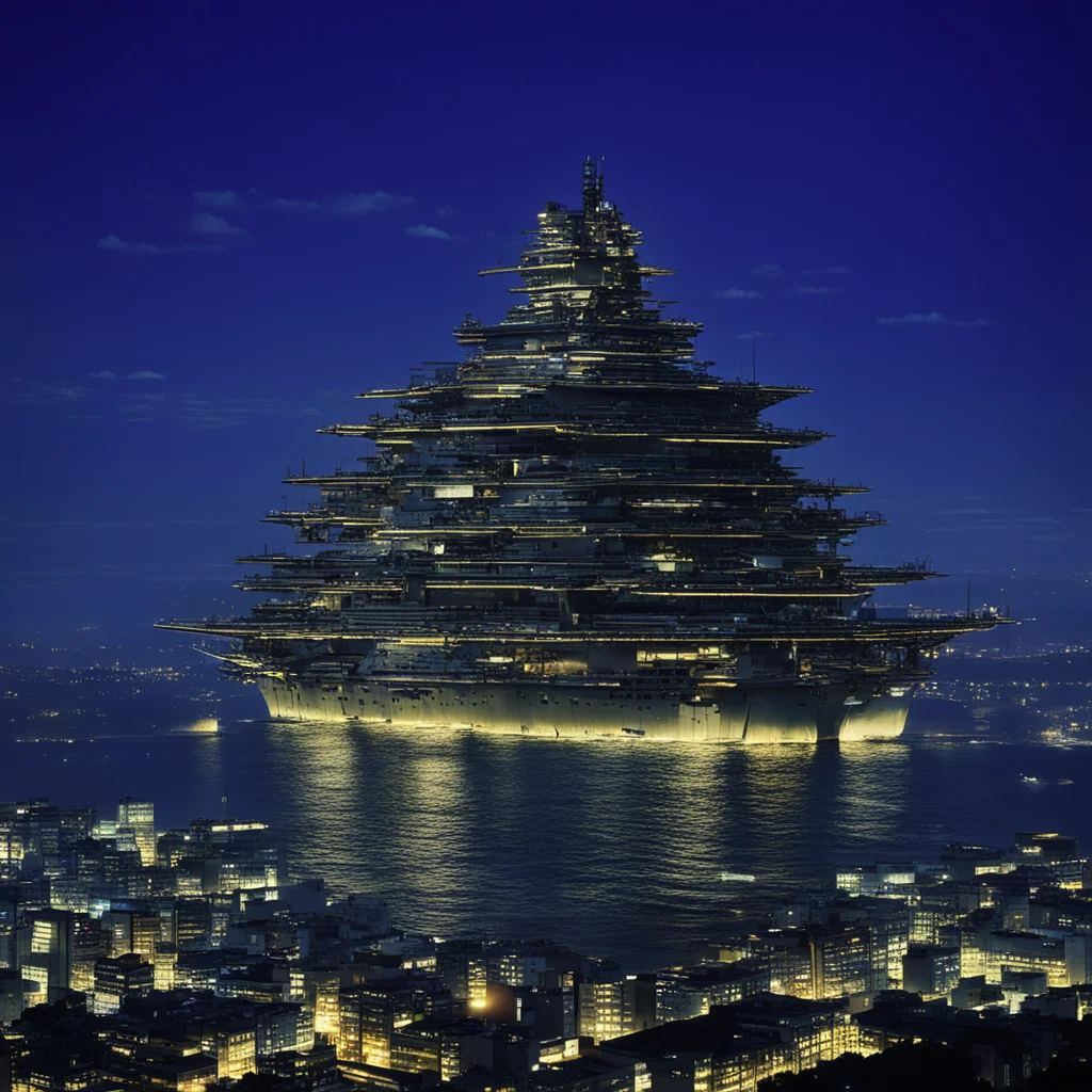superstructure battleship above city at night Miyazaki