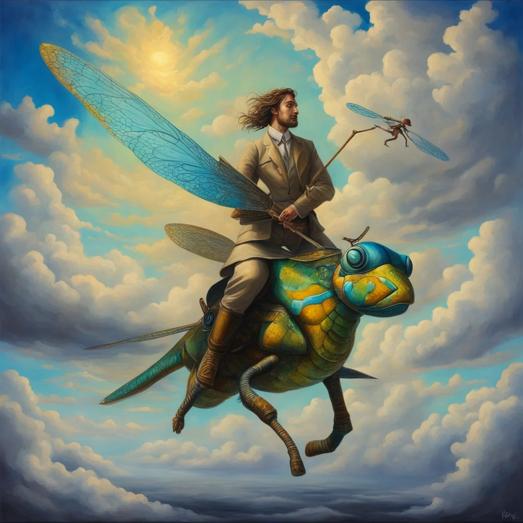 surreal painting of Claudio riding on Dragonfly to battle in the sky