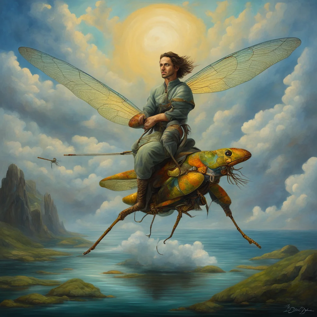 surreal painting of Claudio riding on Dragonfly to battle