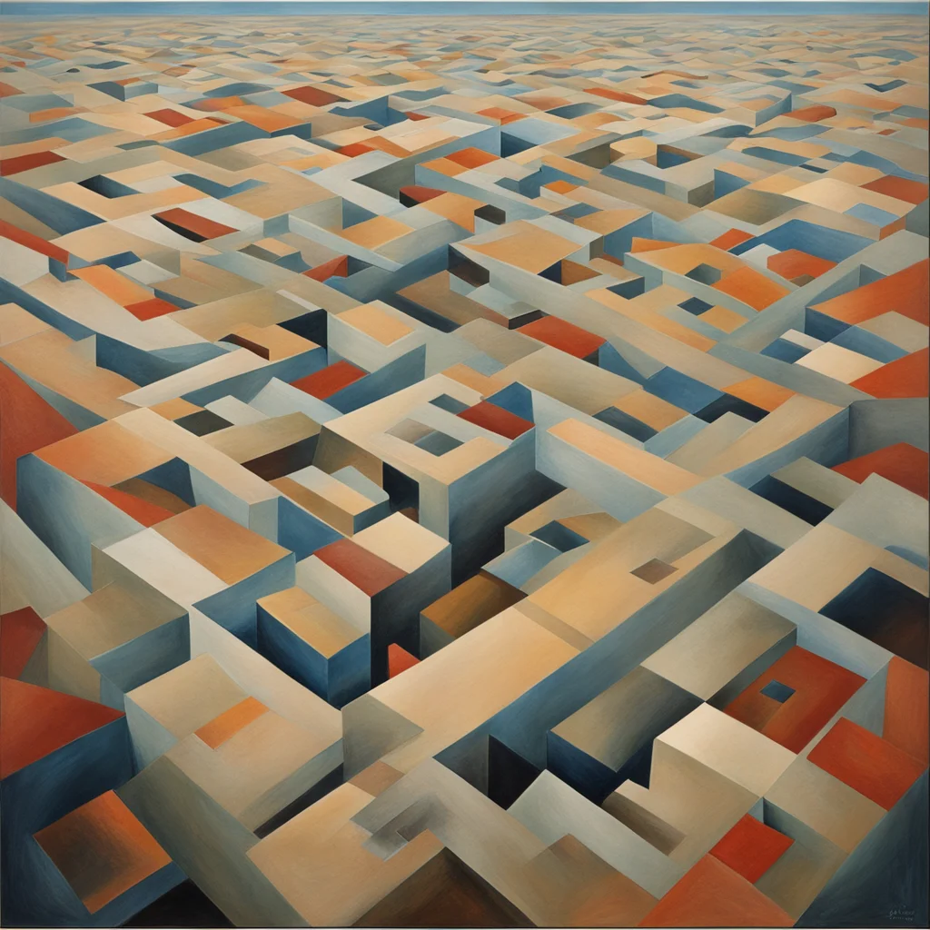 surreal painting of aerial view depicting discontinuous landscape of fragmented spaces
