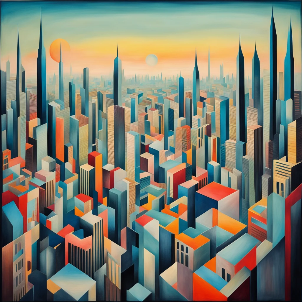 surreal painting of cityscape with multiple overlapping layers depicting alternative viewpoints