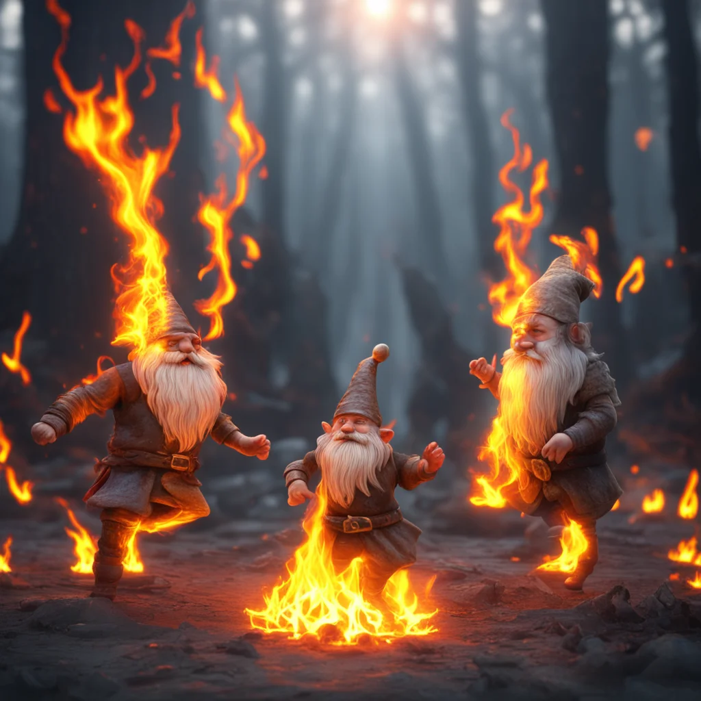 surreal scene of gnomes dancing around a mystical fire with ancient runes low sun 8K high detail premium elite high qual