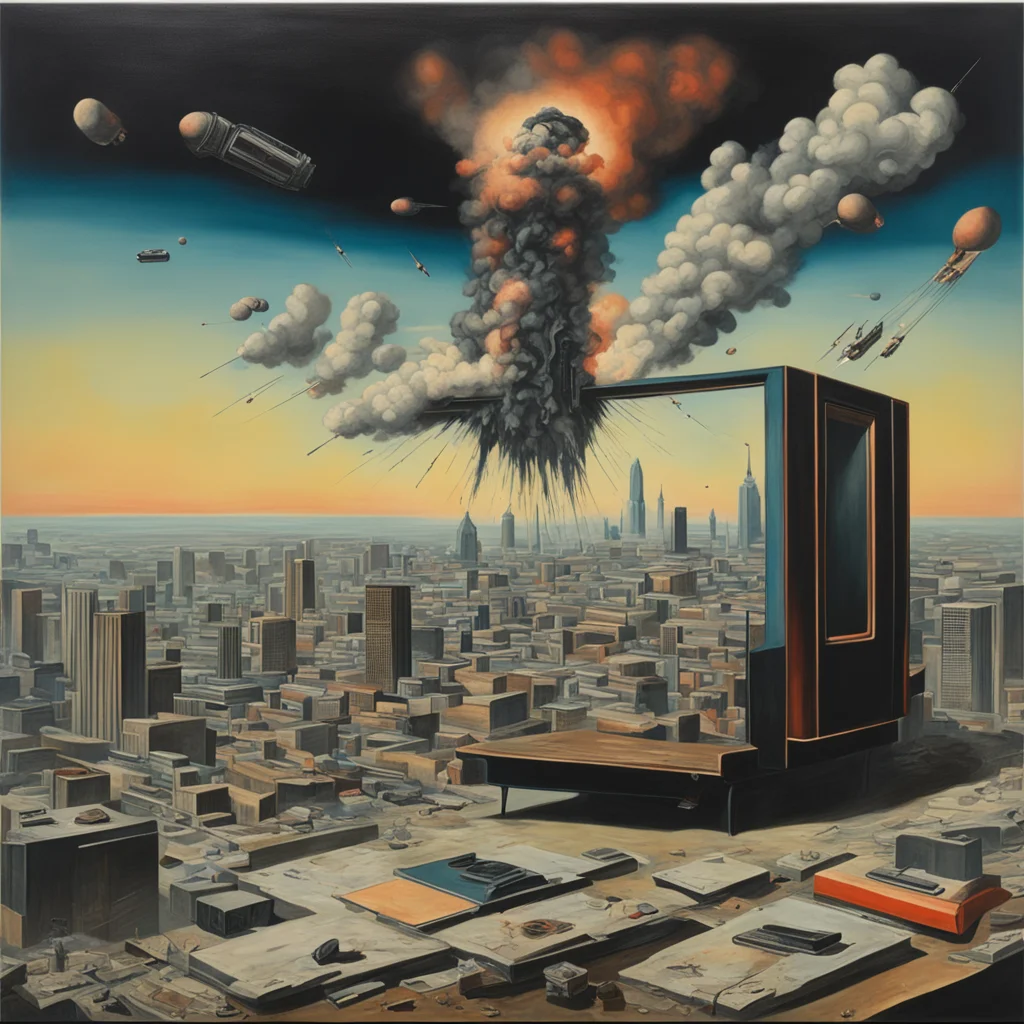 surrealist painting of tv screen depicting bombs and destruction of cityscape
