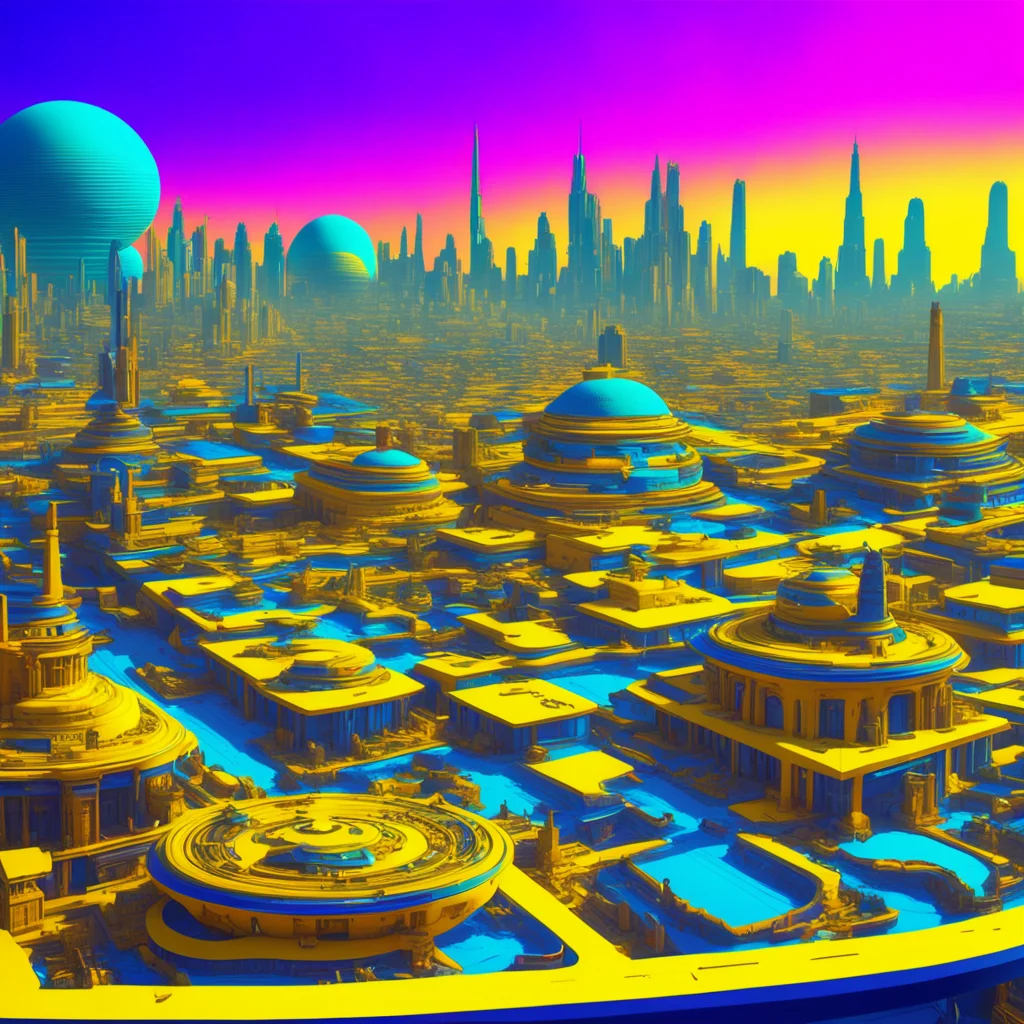 surrealistic alien city landscape aztec yellow and blue color neon 8k octane render photorealistic ar 75