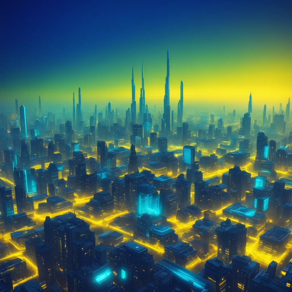 surrealistic alien city landscape yellow and blue color volumetric fog night neon 8k octane render hyper detailed photor