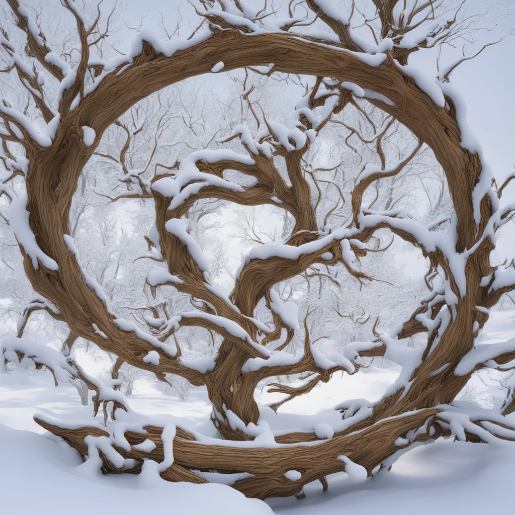 swirling vortex of wooden branches and snow inspired by Peter Mohrbacher in the style of Ryu Oyama Rendered in Nvidias O