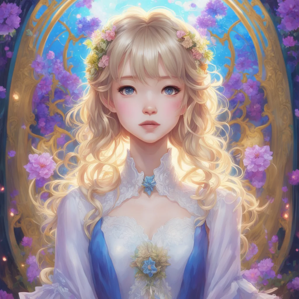 symmetrical portrait concept art  a young girl like Angelababy with blue eyes and blonde short wavy hair wearing a anime
