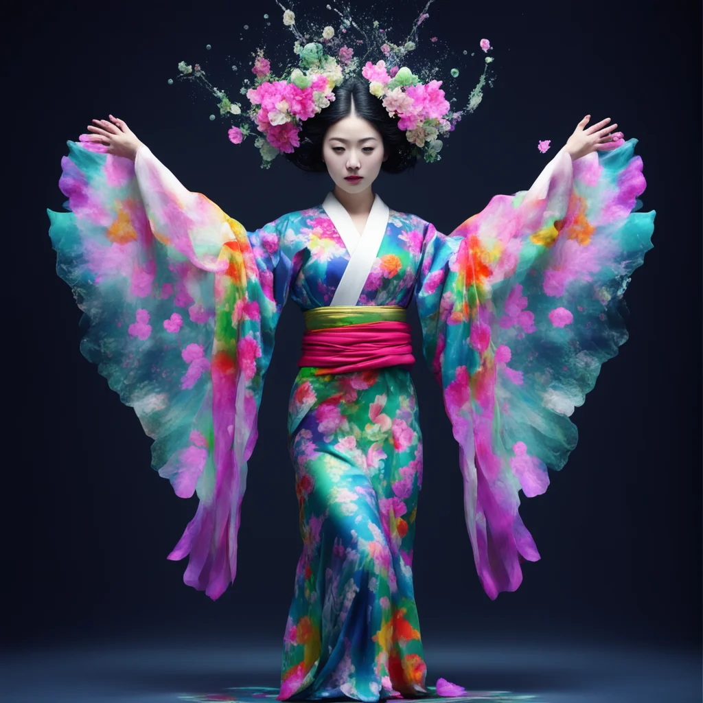 symmetrically gorgeous Japanese female water spirit with pale skin is dressed in a multi colored kimono dancing realism 