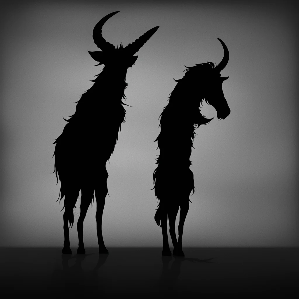 tall lanky shadow being standing in the corner of a dark room with curled horns the left one is broken in half