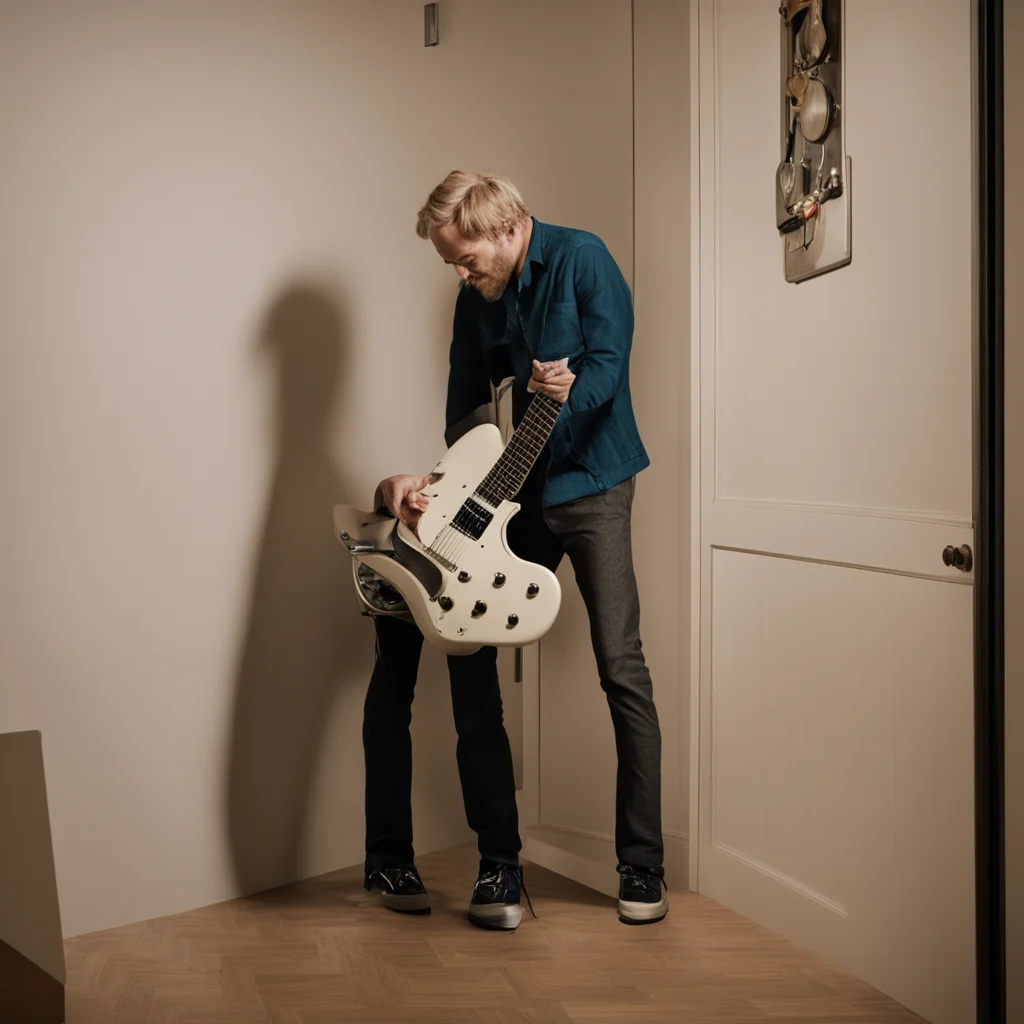 tall man with short blonde hair playing a fender jazzmaster in a small unlit room with the door open