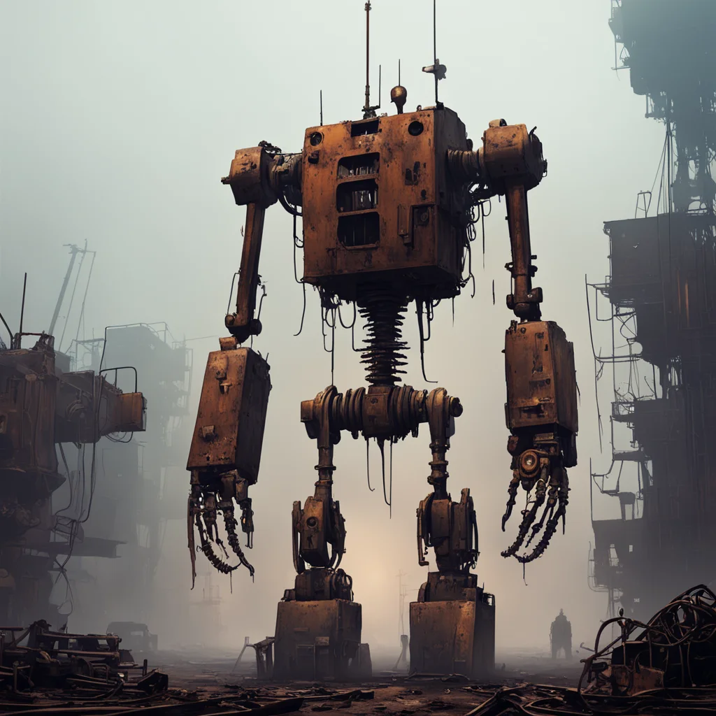tall rusty robot scrap yard eating oil dripping fog concept art scary lighting haze