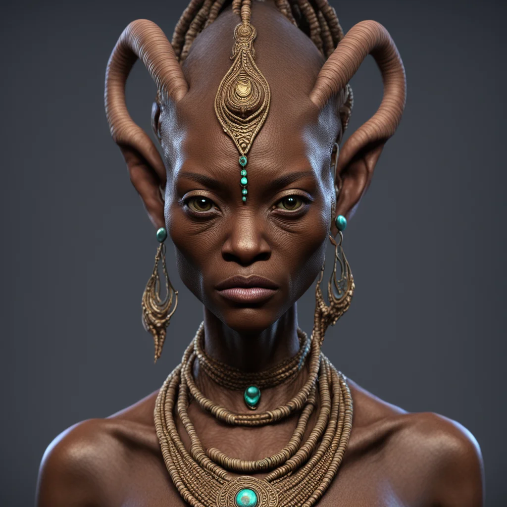 tall slim female alien african tribe girl creature with some wrinkles but otherwise firm skin with jewelry with earrings
