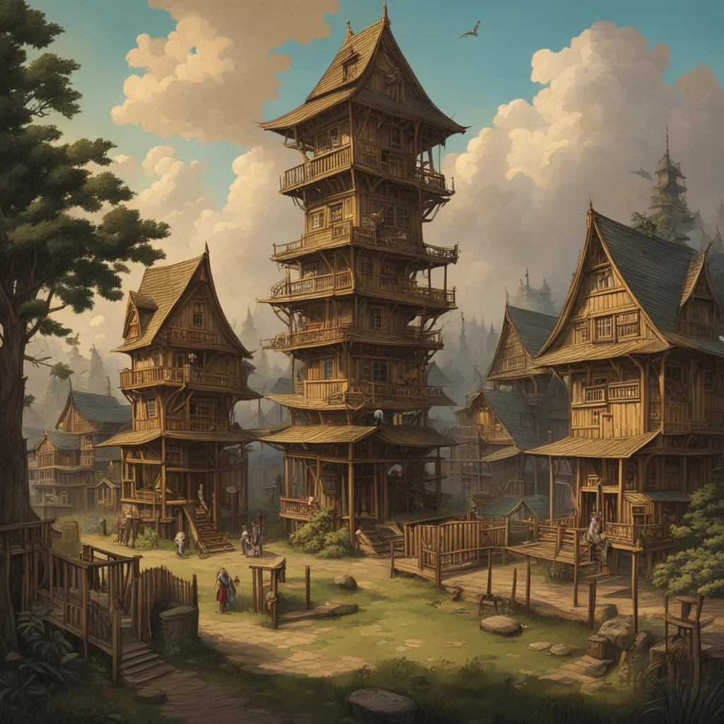 tall wooden tower surrounded by playground and wooden houses golden age painting scary dread fear ar 169