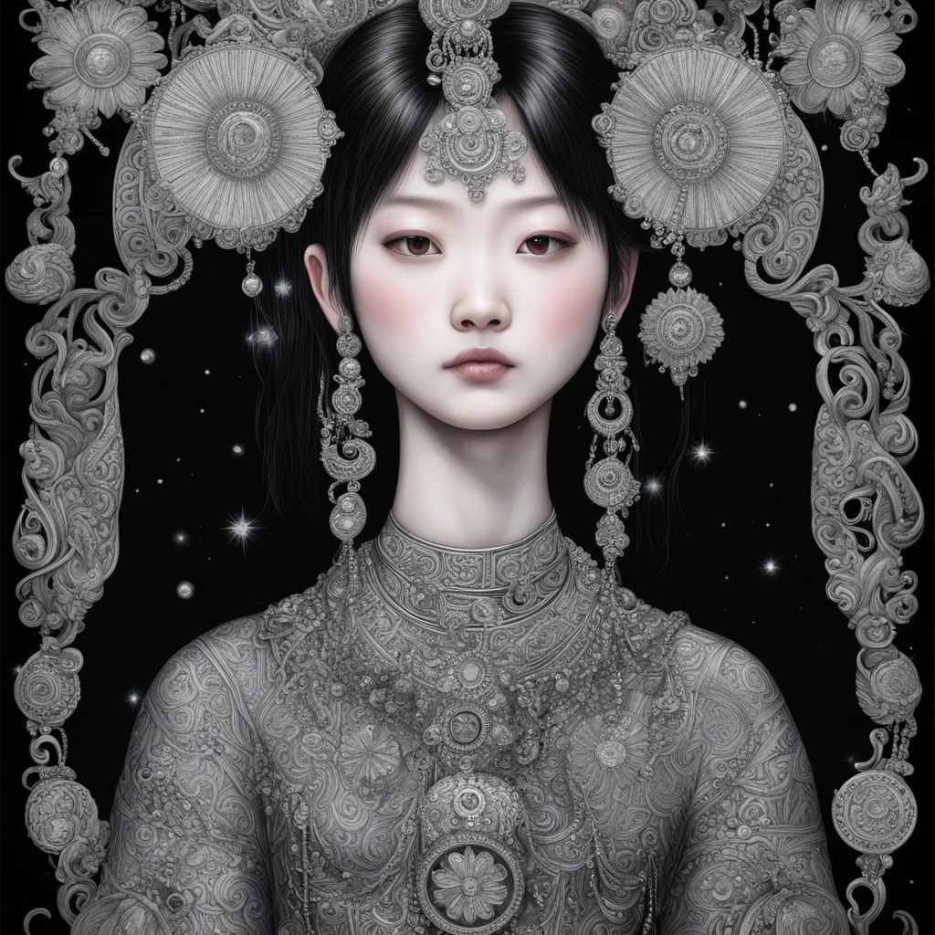 tarot card  black paper a beautiful Chinese Hmong girl wears a set of Sterling Silver Jewelry ornate psychedelic magical