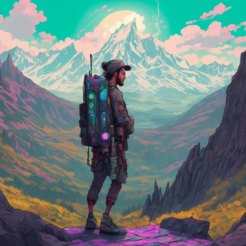 tarot card cyberpunk hiker with a tall rechargable vape pen as a walking stick tall mountain in background with many tra