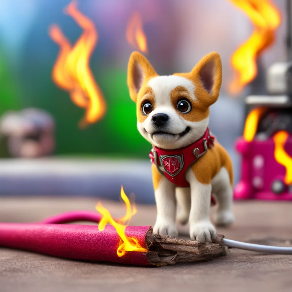 tarot card paw patrol fire department shows paw holding juul hose that spits fire bokeh kindling in the background