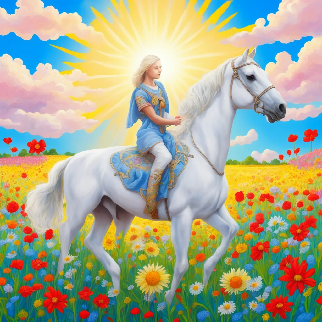 tarot card the sun a baby rides a white horse in a field of flowers Sun blazes in a bright blue skyTiny tall Red flags w