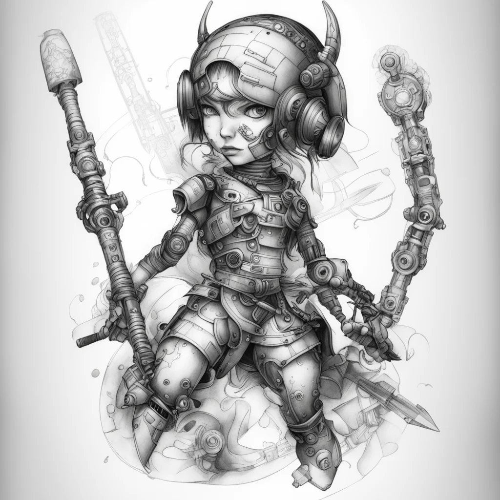 tattoo sketch of cyber  mechanical porcelain doll samurai futuristic  Swing a sword in black and white — ar13
