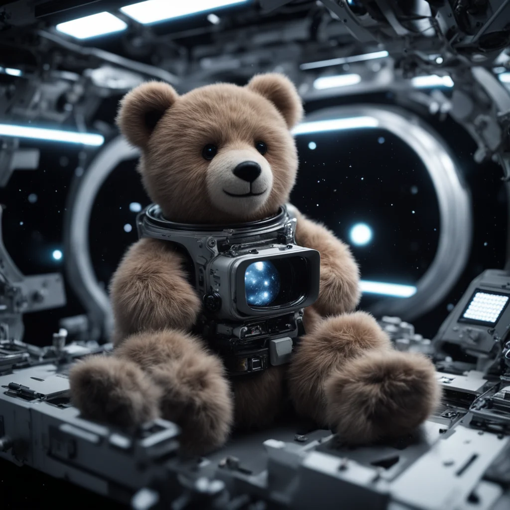 teddy bear space station near a black star atmospheric chaotic ultrarealistic highly detailed cinematic Panavision film 