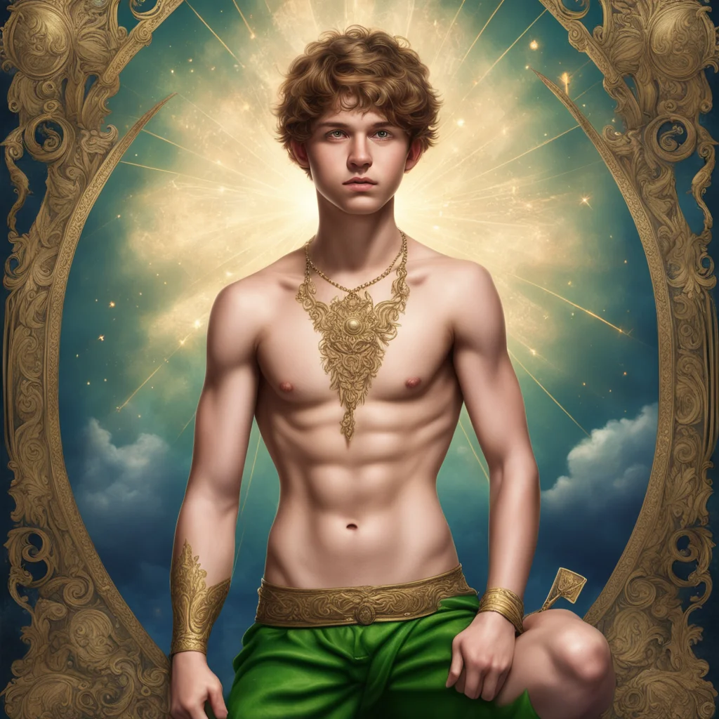 teen peter pan god shirtless tarot card hyperrealistic 8k ornate detailed illustration rendered god rays high quality wi