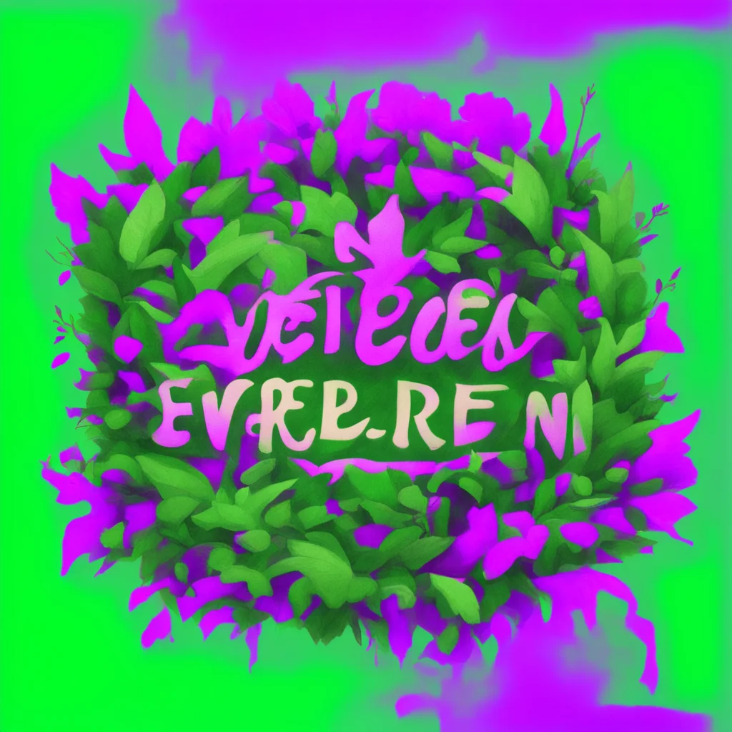 text logo for a video game called Evergreen  fantasy style  overgrown with plants  green  purple  pastel colours  gouach