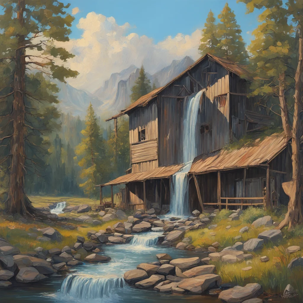 the Great Depression detailed oil painting sketch of an abandoned old farm old barn nice painting of a Mountain waterfal