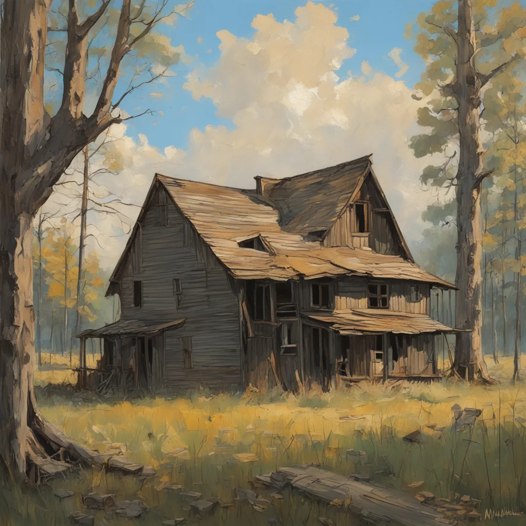 the Great Depression detailed oil painting sketch of an abandoned old farm old barn nice painting of norway woods trees 