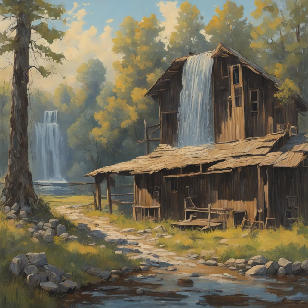 the Great Depression detailed oil painting sketch of an abandoned old farm old barn nice painting of waterfall norway wo