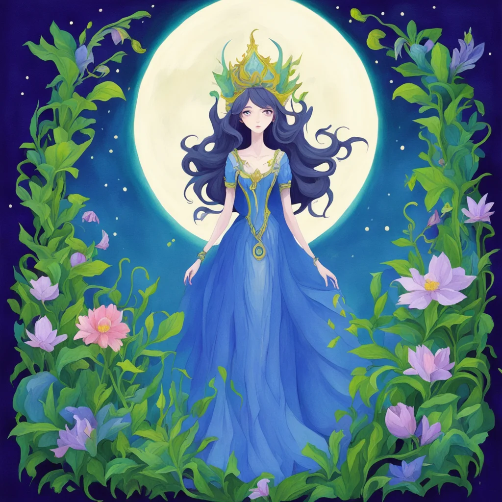 the Moonlight Queen corruped by power  overgrown  plants  fantasy  myth  religion  gouache  ni ni kuni style ar 916