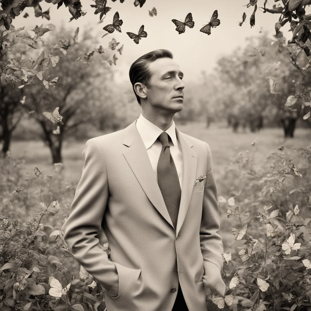 the distinguished gentleman author smoking cigarettes standing in an orchard surrounded by butterflies standing with his