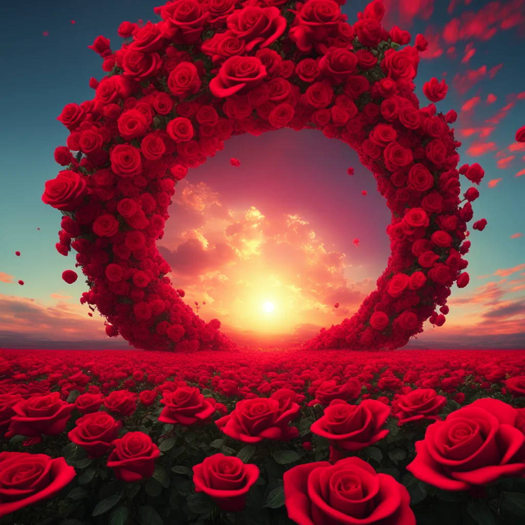 the earth covered in red roses landscape style photography flat horizon sky is tinted yellow and orange with black hole 