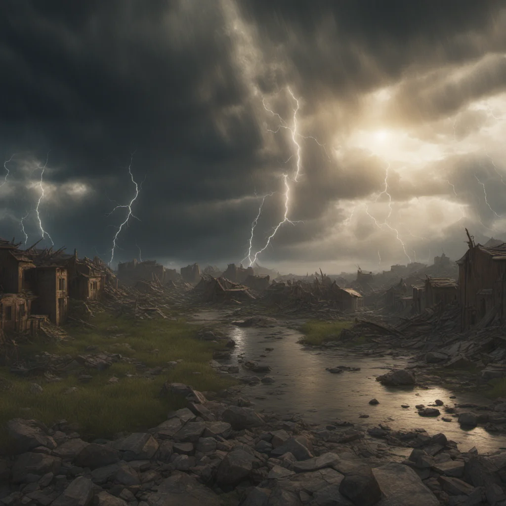 the end of the world stormy clouds lightning in the sky  apocalypse chaotic sunlight shining through clouds dramatic epic lighting cinema cinematic HD Oc