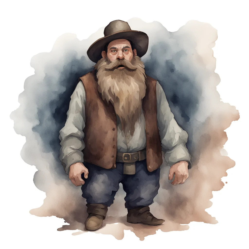 the floating ghost of a murdered dwarf Thick brown beard miner’s clothes serious impatient watercolor style