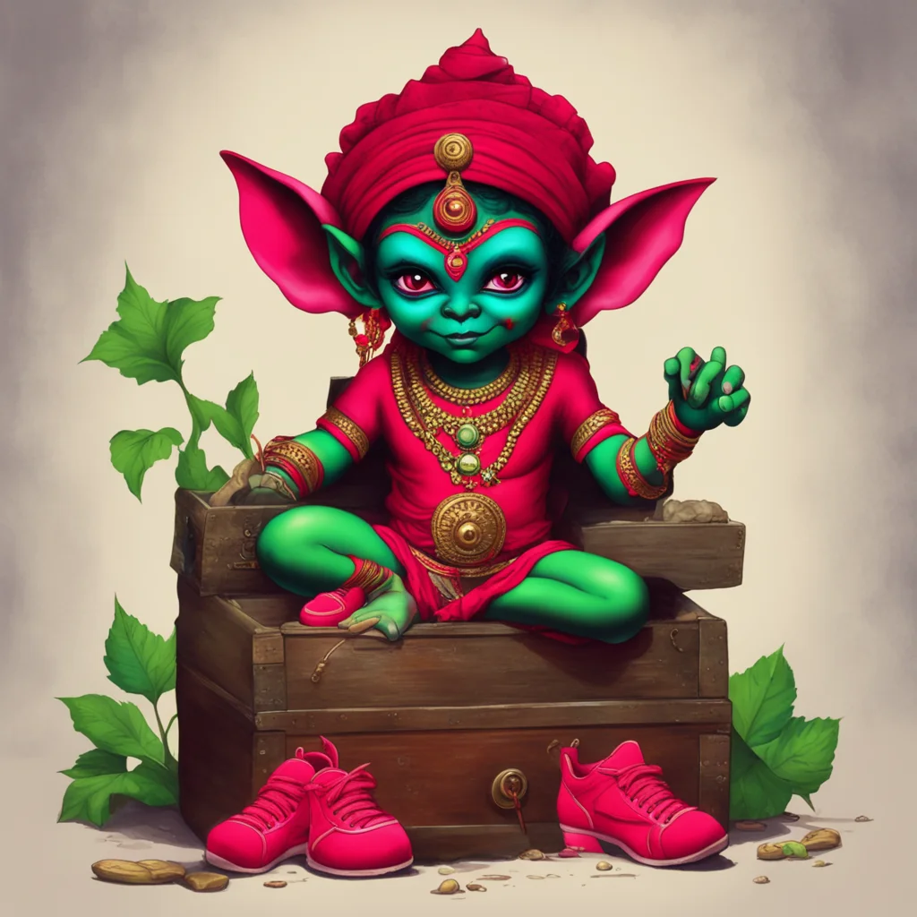 the goddess Kali as a little baby goblin with red sneakers opening a treasure chest