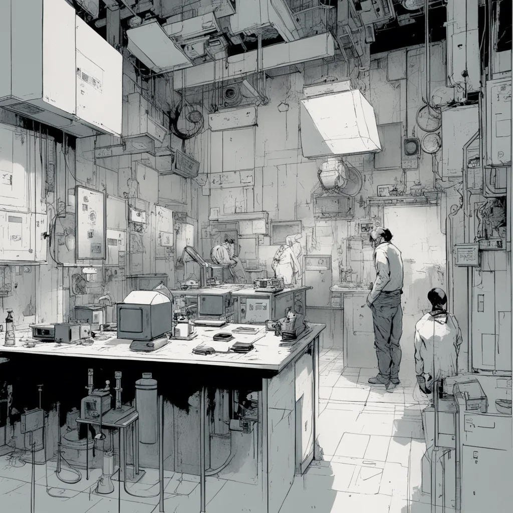 the interior of a science lab comic cover by ashley wood and phil hale and enki bilal 4K detailed post processing