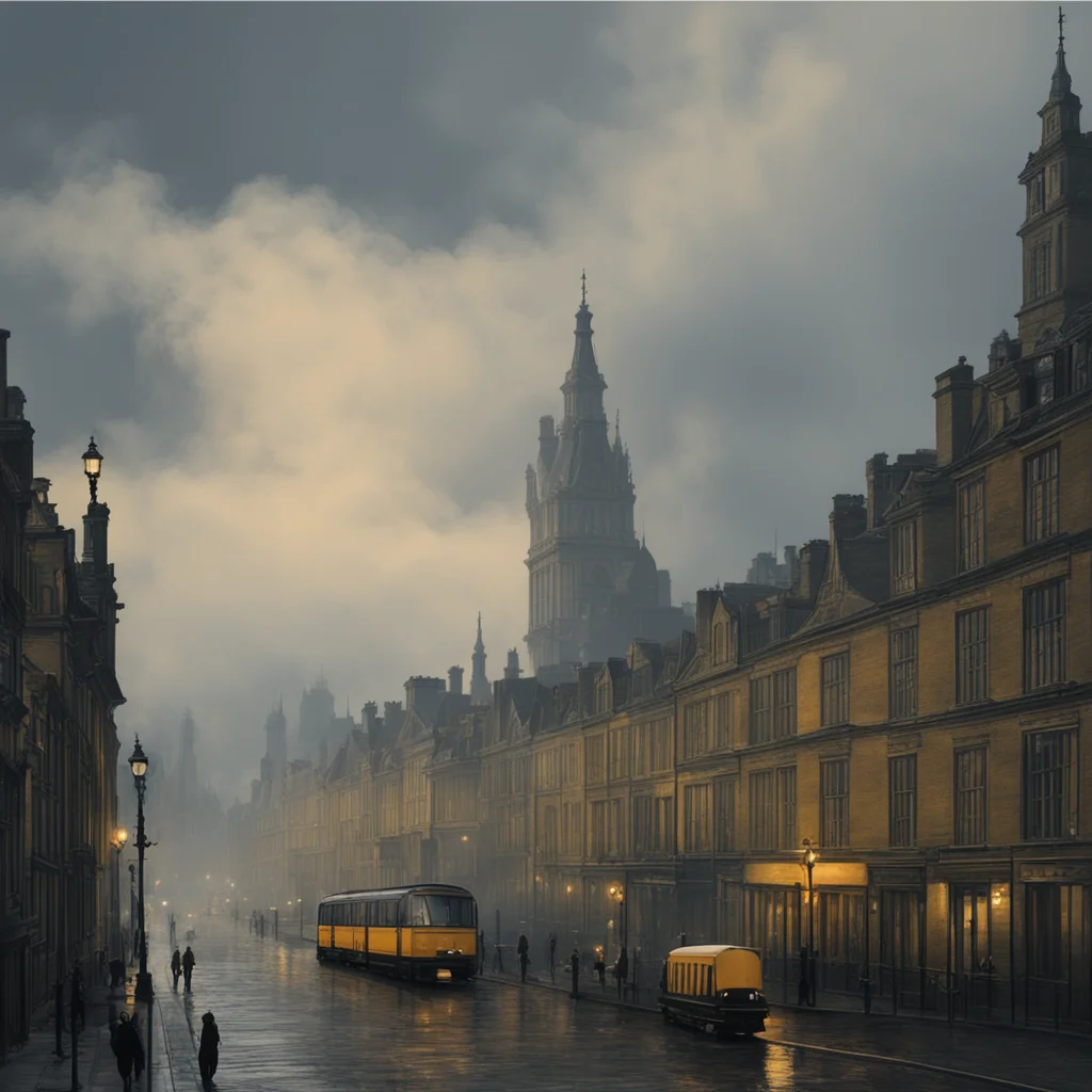 the london fog  pollution  thick yellow smog  victorian city  dark skies  in the style of a romantic painter  detailed wallpaper
