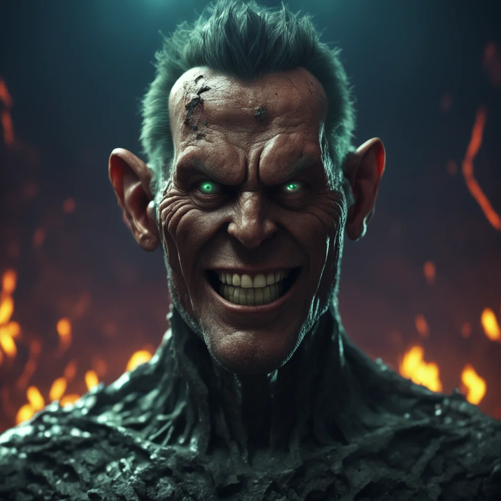 the master of riddles personified into a human being menacing look delightfully scary smile the explanations of the universe as the background octane render