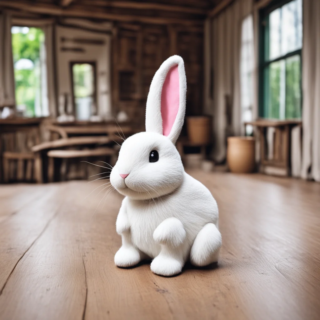 the most comfortable life sized bunny plushie wooden surface floor village house open air heaven surreal