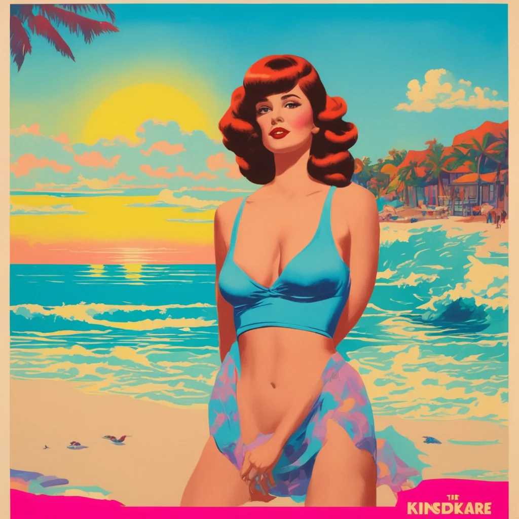 the pop singer at the beach  60s retro poster  kinkade  movie poster  risograph