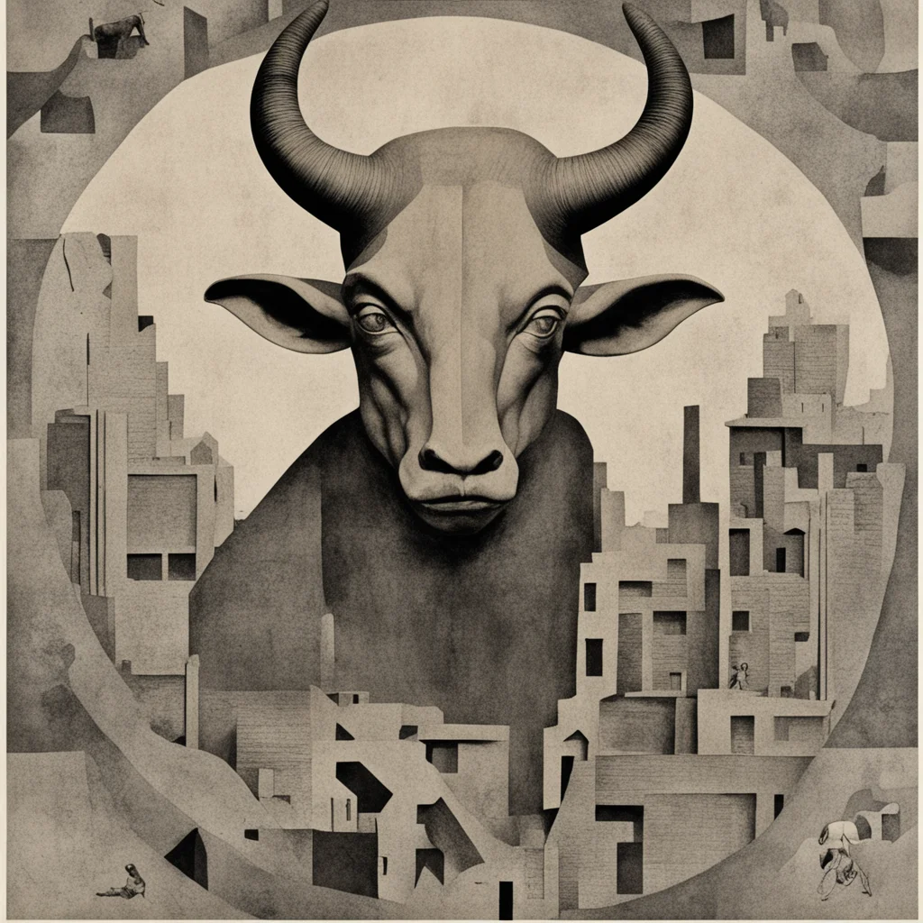 the sad minotaur lost in his maze|a beautiful and eerie collage by Hannah Hoch|detailed