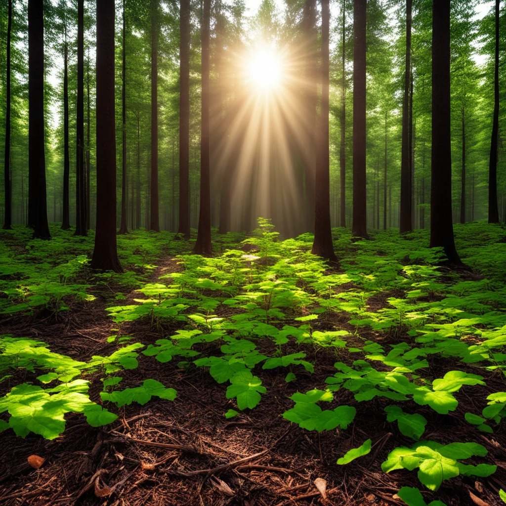 the setting sun lays its rays of light down on the forest floor once again for the rebirth and recycle of new life