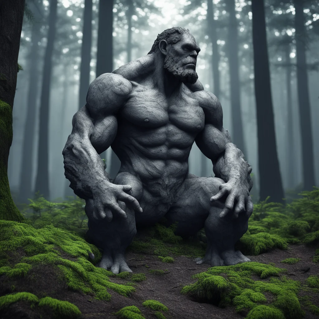 the stone gigant sitting in a dark forest render ar 23