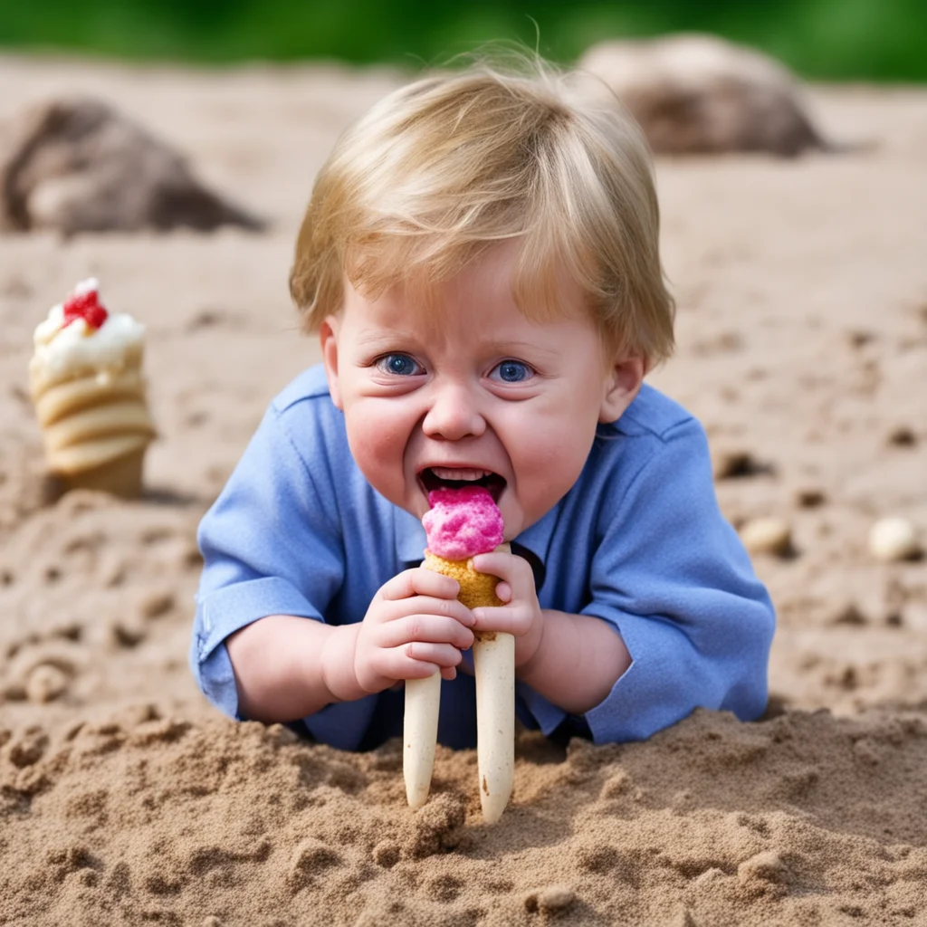 the ugly child of donald trump and angela merkel playing crying in a sandbox and eating ice cream