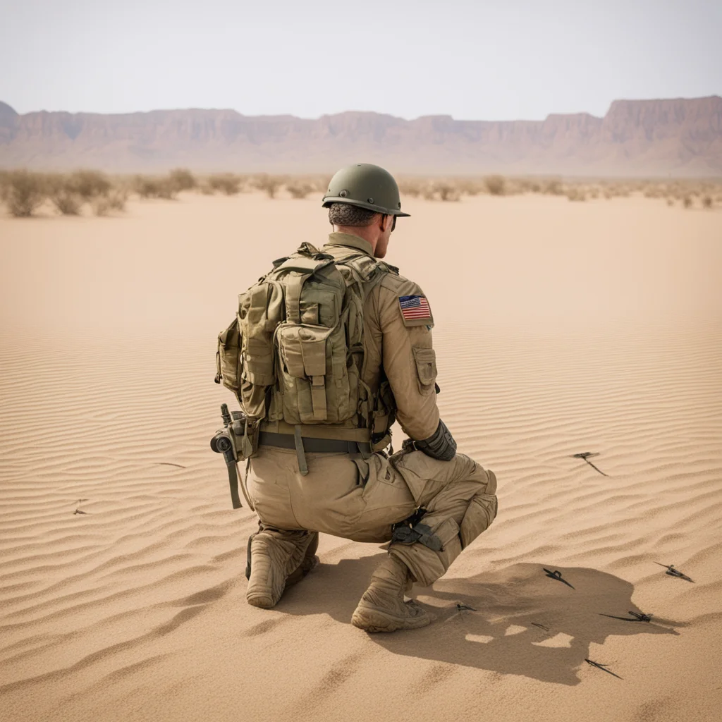 third person perspective of US army soldier kneeling over sobbing arrows in his back arid desert environment