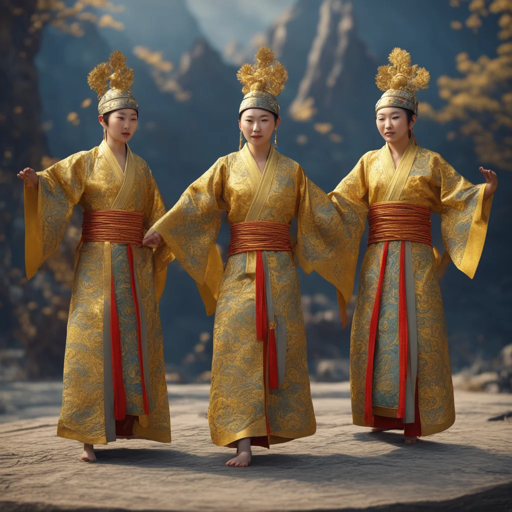 three Ancient dancers wearing robes embroidered with gold patterns dance in the valleytraditional chinese style unreal e