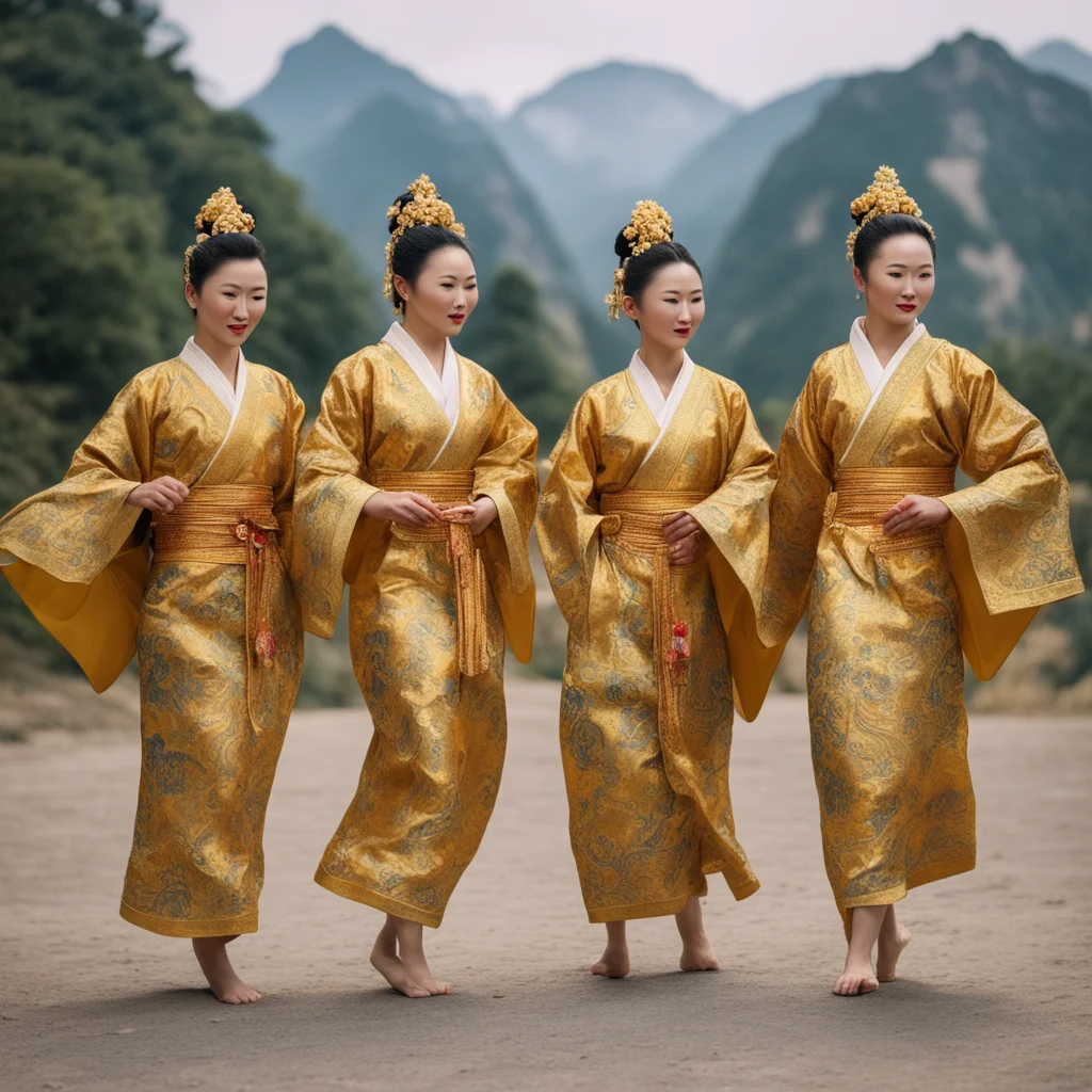 three Ancient dancers wearing robes embroidered with gold patterns dance in the valleytraditional chinese style