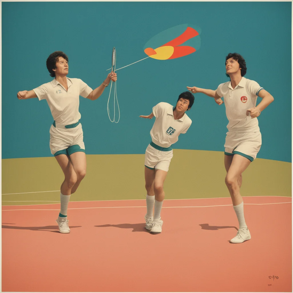 three badminton players with a three body problem on a badminton court 1970s tourism poster Sweden ar 46 uplight stop 90