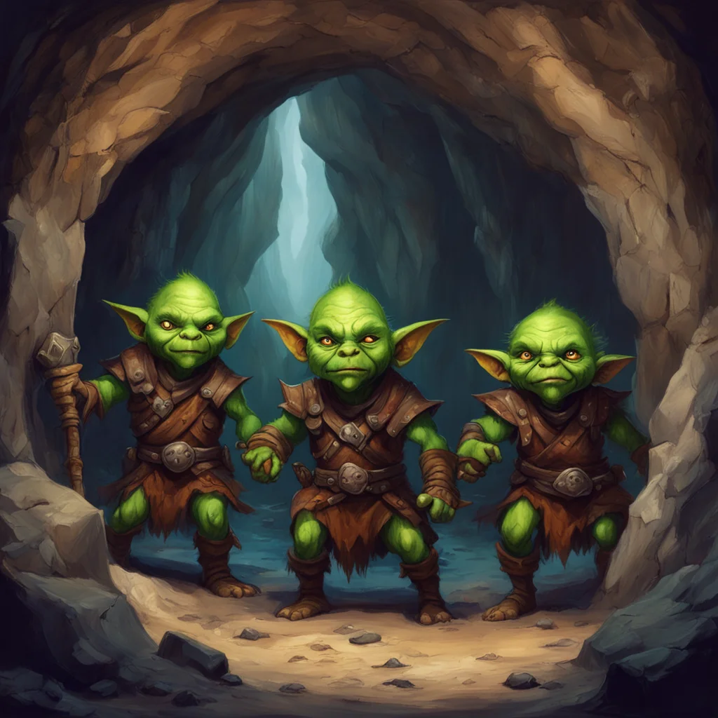 three goblin warriors in a cave entrance fantasy dim realistic painting pathfinder