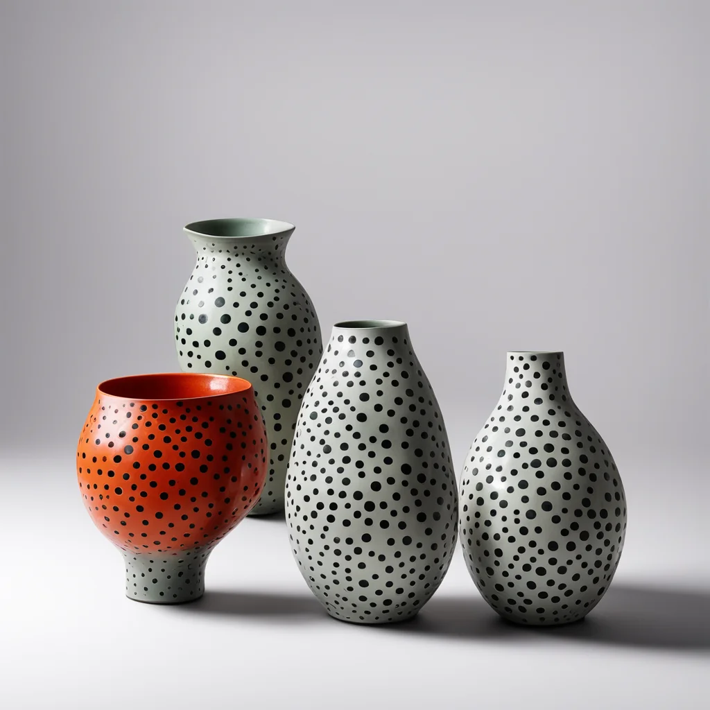 three issey miyake designed and one yayoi kusama designeddesigned glazed pottery pieces on a minimal background shot in 